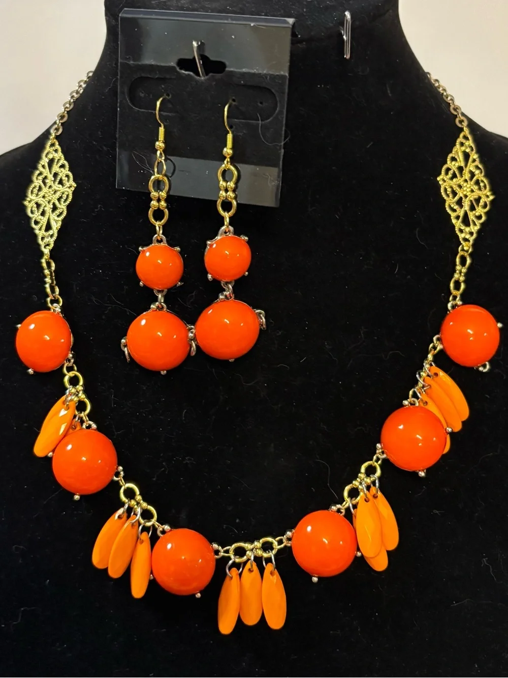 Gold-Tone and Bright Orange Drop Earrings and Necklace Set